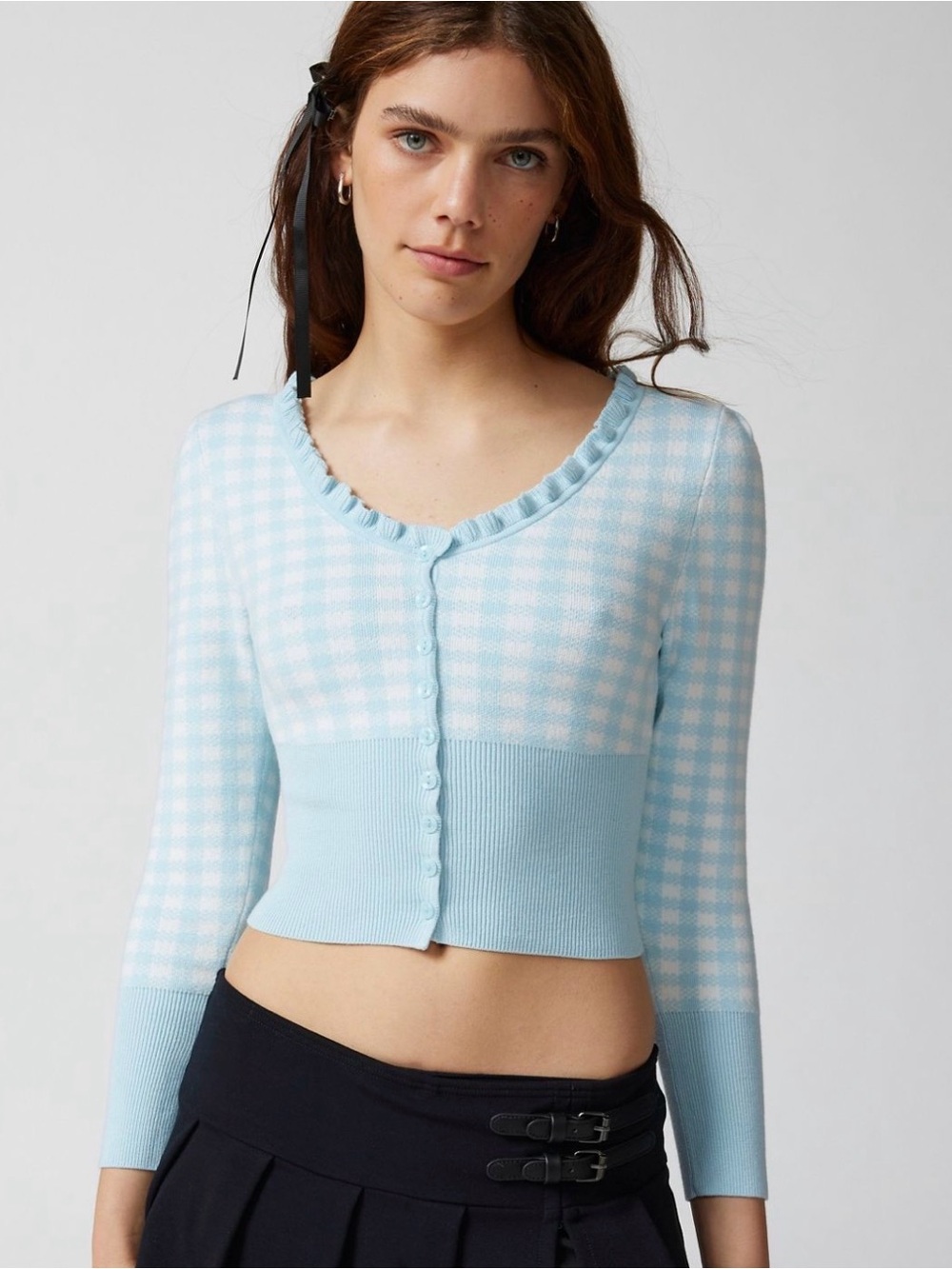 Urban Outfitters Light Blue Gingham Ruffle-Trim Cropped Cardigan
